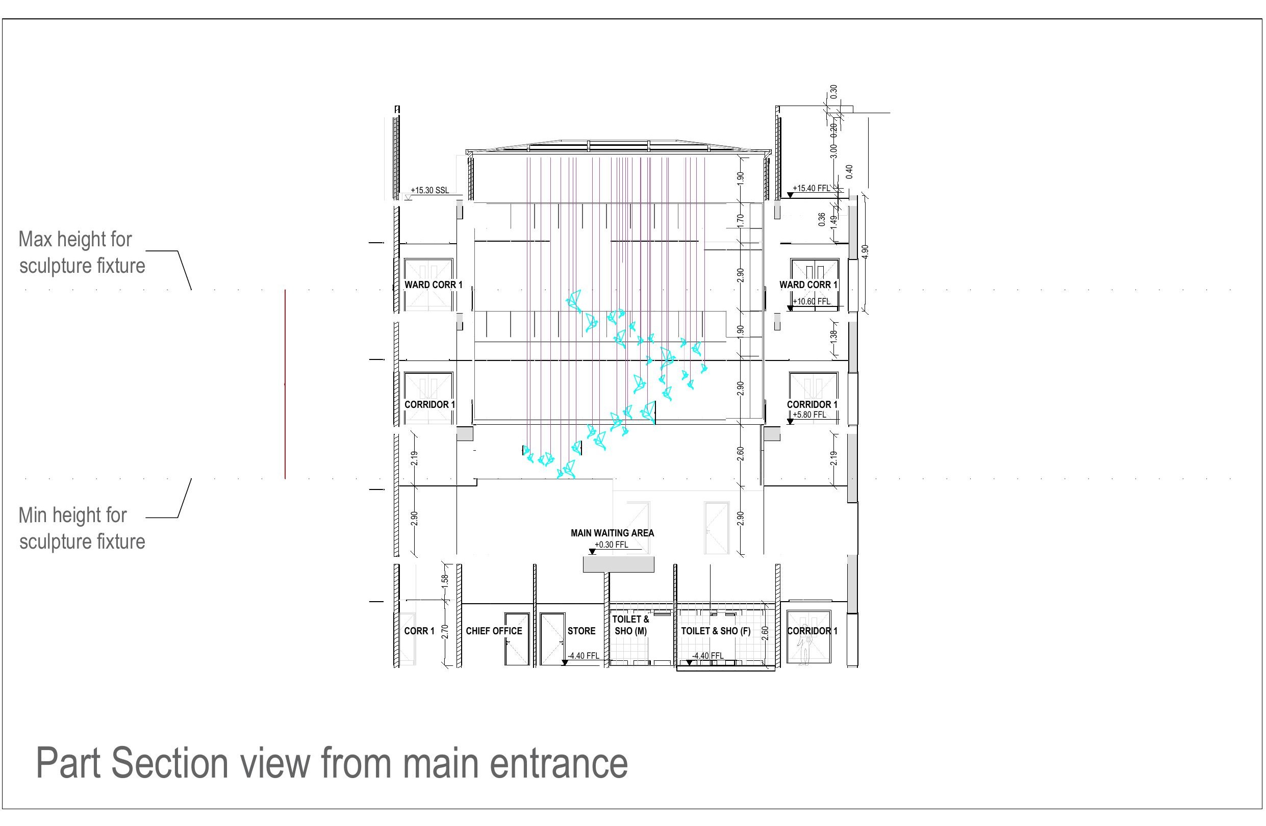 Part section from the main entrance — max/min sculpture heights set against three floors.
