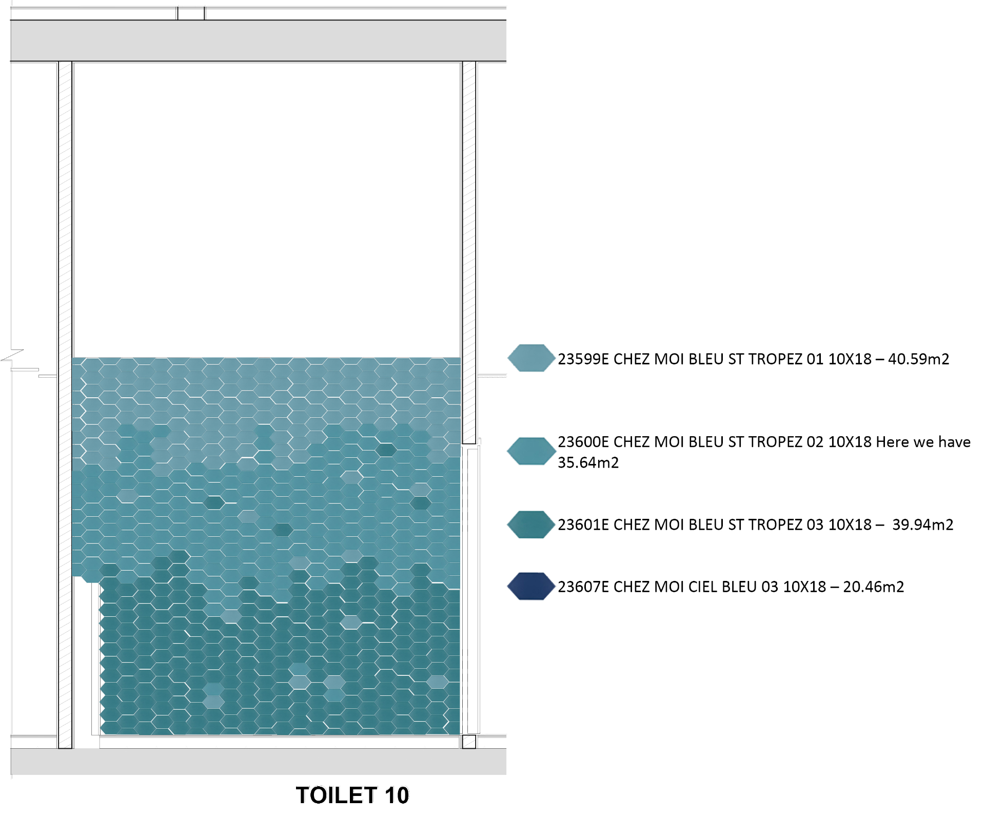 Photoshopped elevation — four blue tones blended by m² across each wet zone.