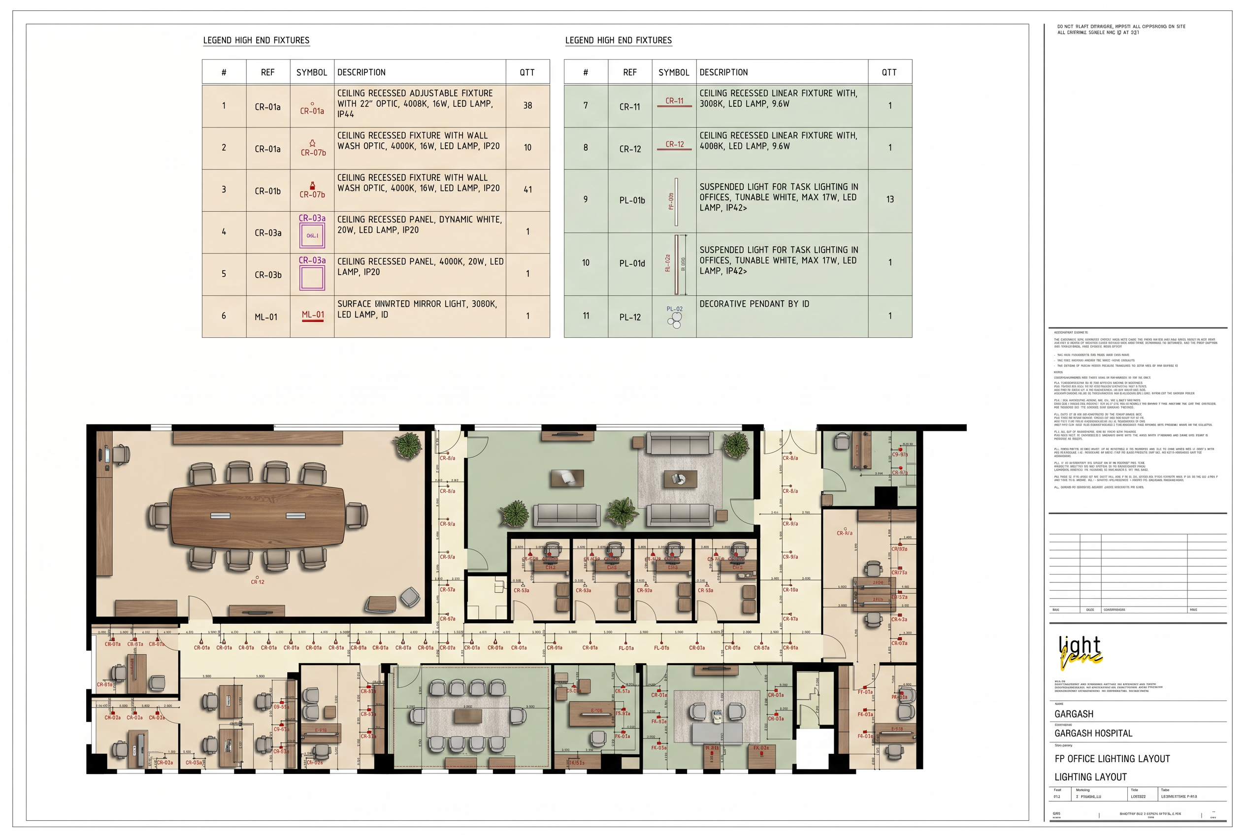 Client-facing top view — zones washed in colour, furniture rendered from above.
