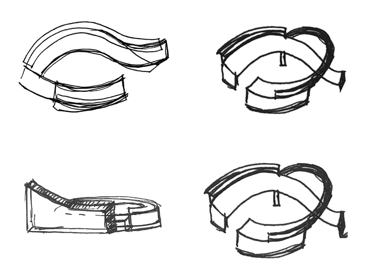 Studio sketches — curved sweep, height break and privacy return worked out in ink.