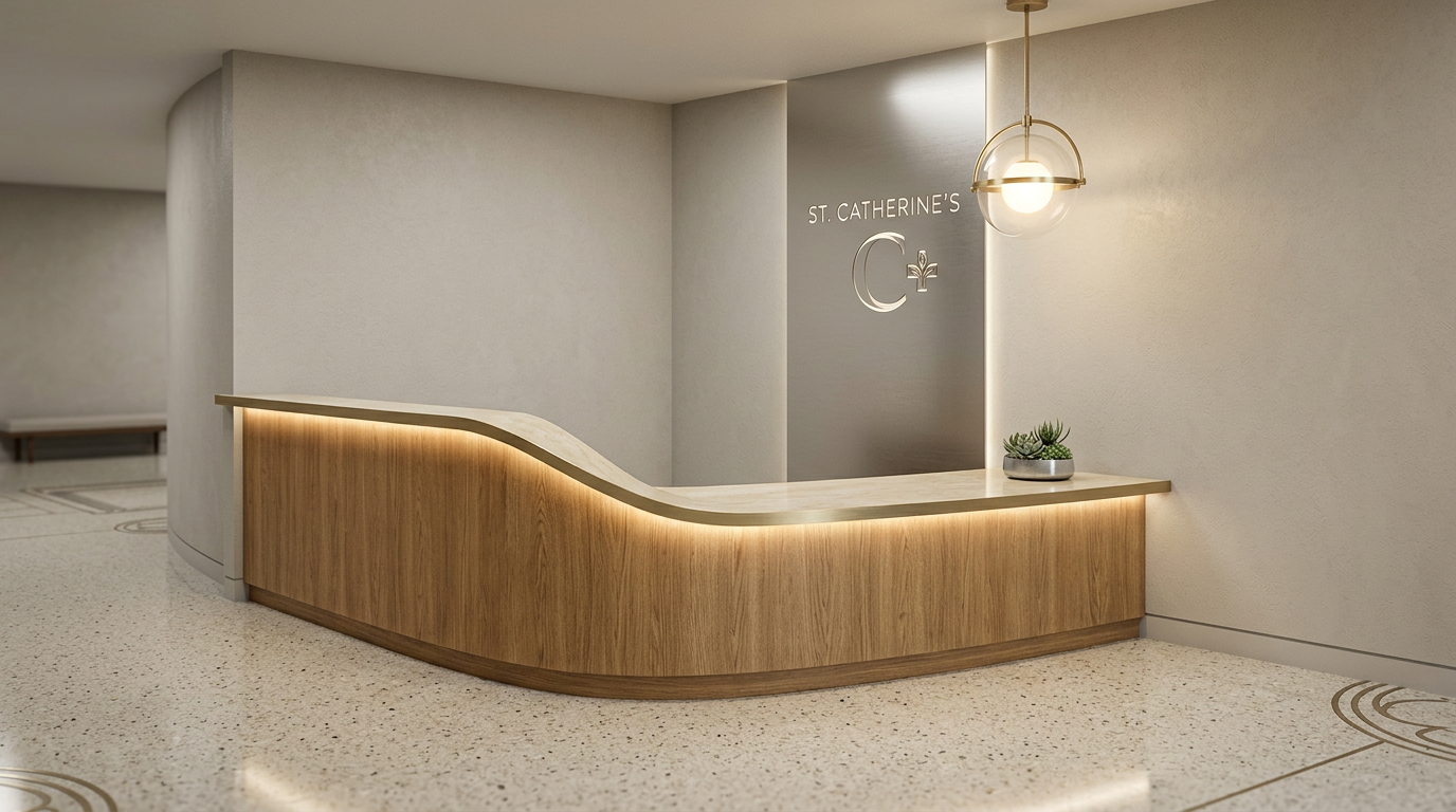 Materials resolved — oak veneer, cream stone, brushed brass, warm LED wash.