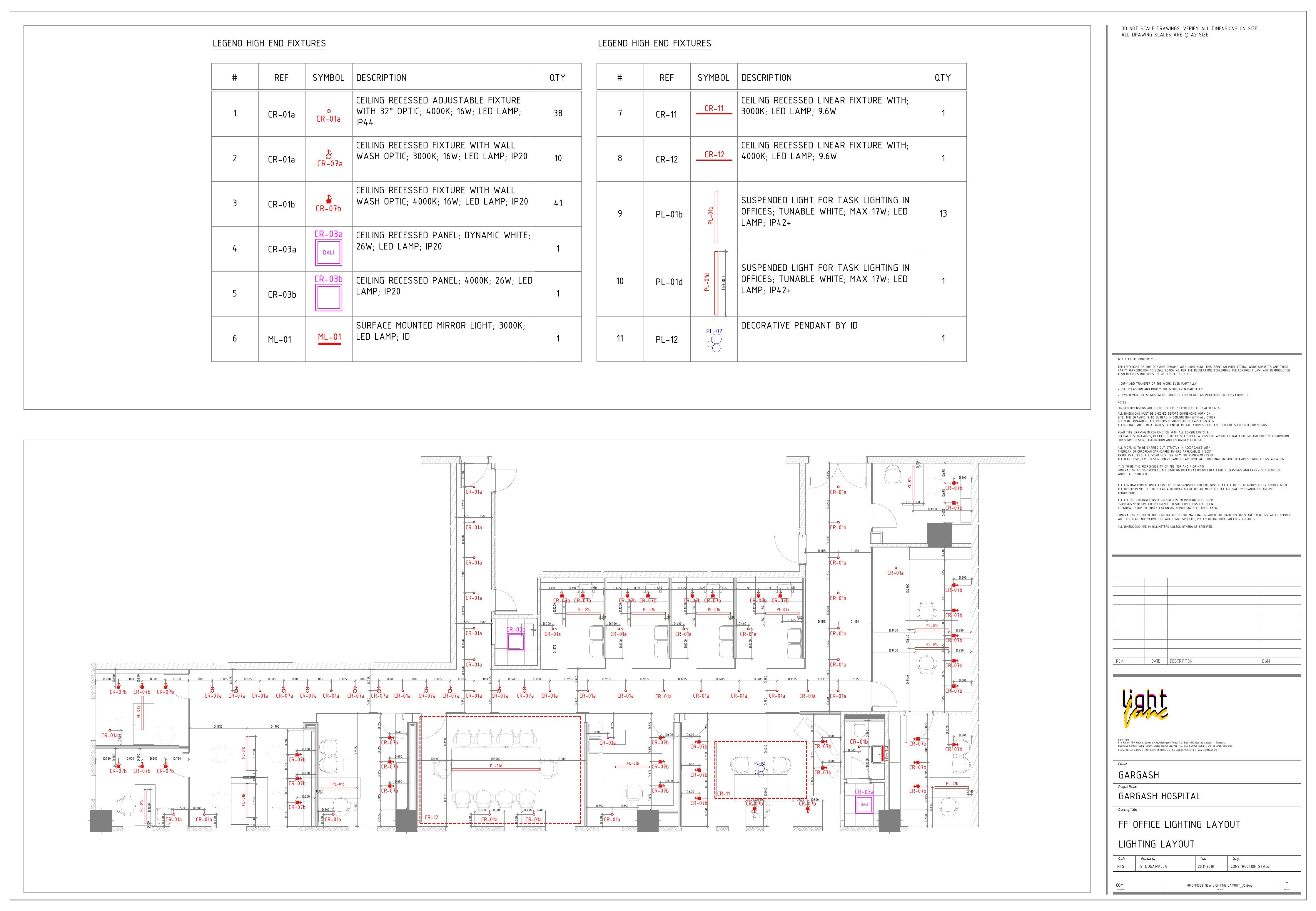 Technical lighting layout — fixture schedule, dimensions and every ceiling fitting.