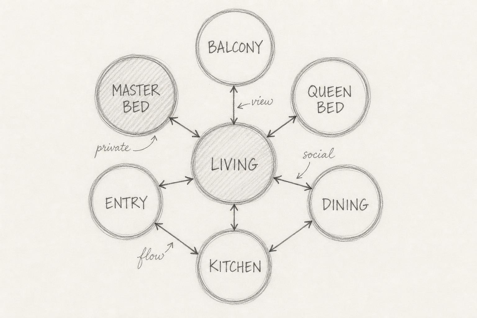 Hand-drawn pencil bubble diagram — Apt 15 adjacencies