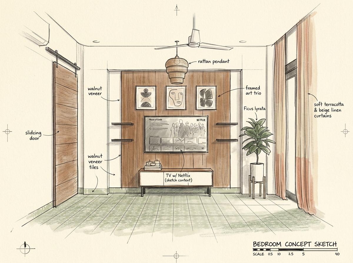 Hand-drawn perspective of the bedroom media wall with annotated finishes