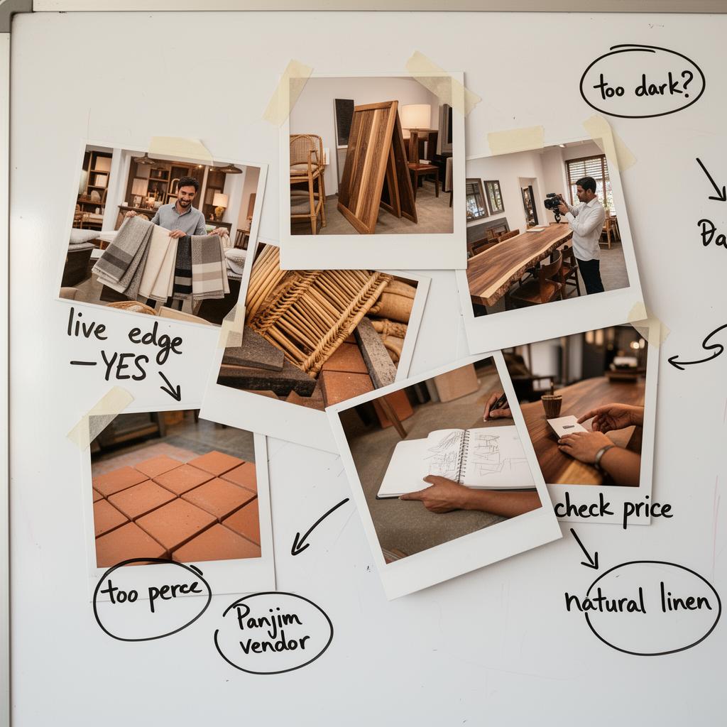 In-person market research collage — showroom visits in Goa with handwritten notes