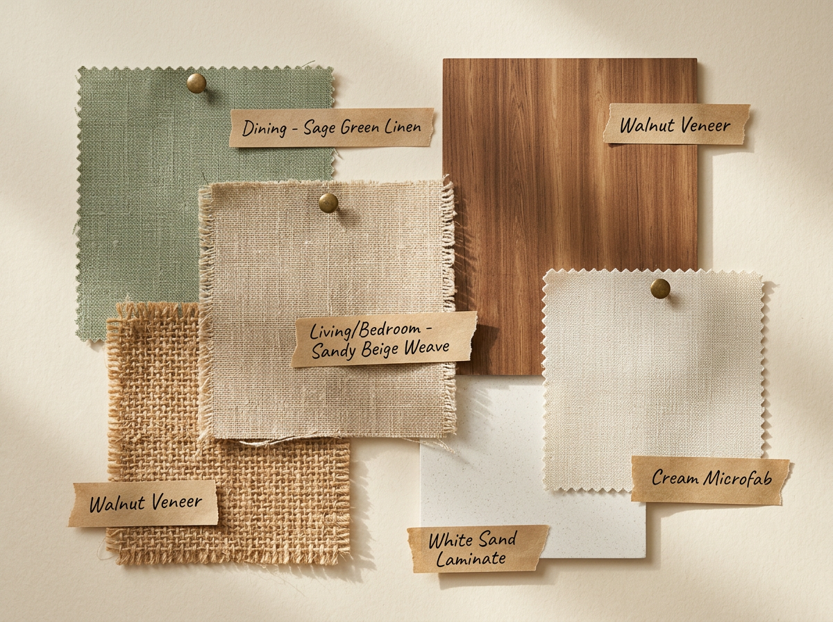 Raw linen, jute, walnut veneer, cream microfab and white sand laminate