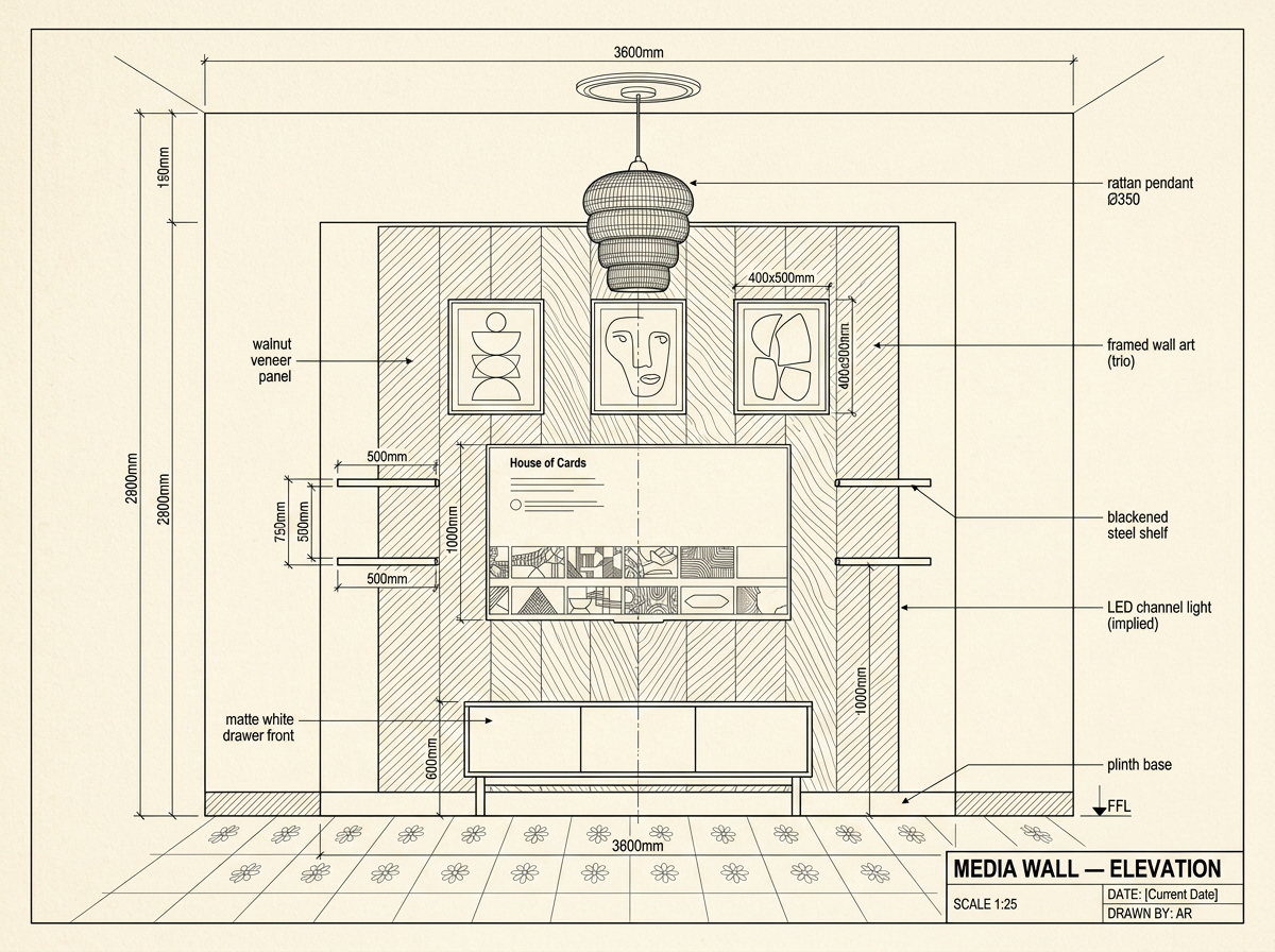 Media wall elevation — dimensions, materials and joinery at 1:25