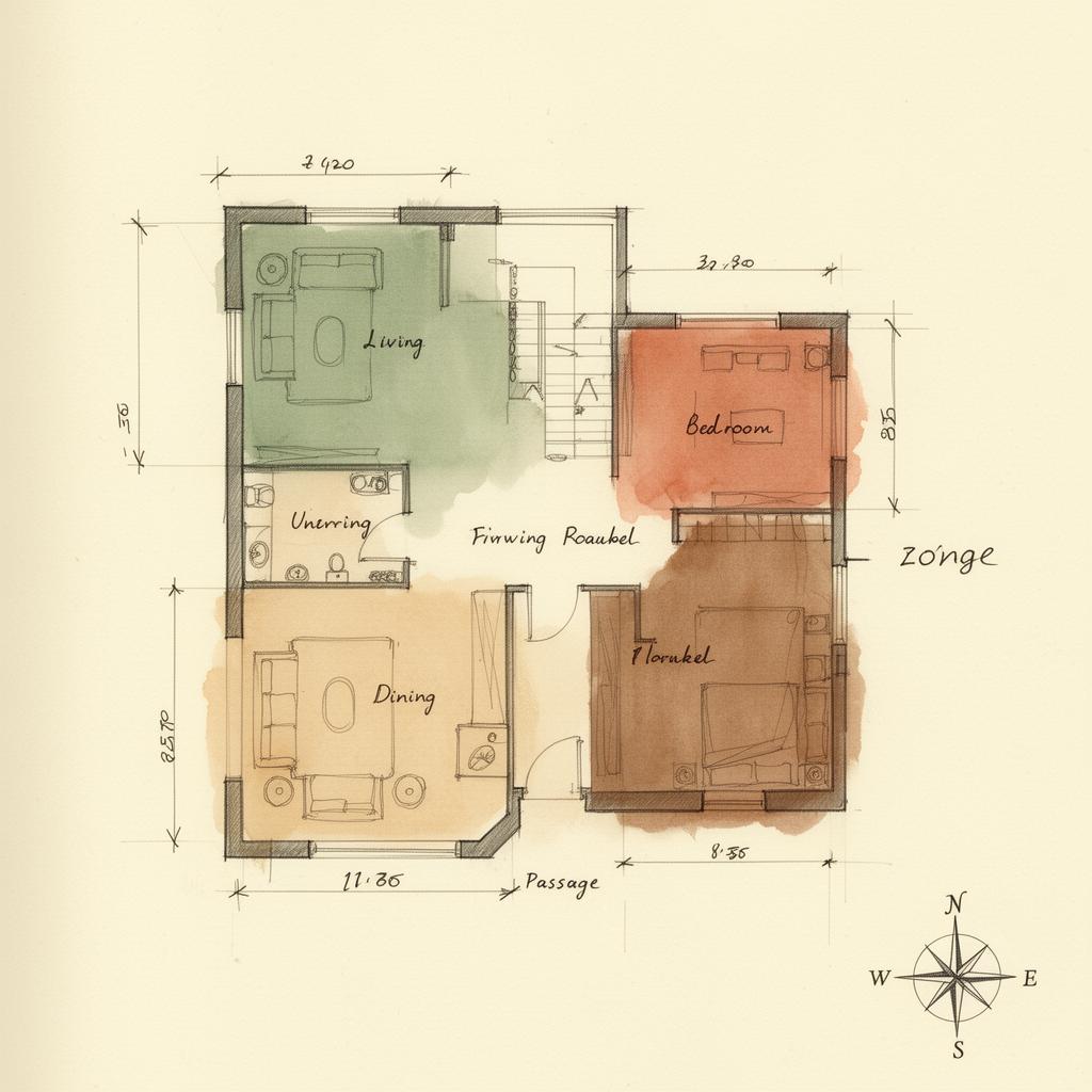 Functional zoning plan — living, dining, bedroom and passage in washed colour